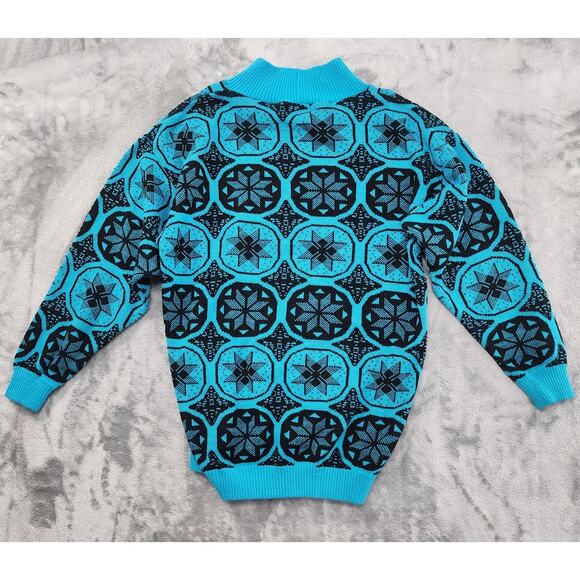 Vintage Andrew St. John Mock Neck Pullover Sweater Size L Blue Black Geometric - Picture 2 of 8